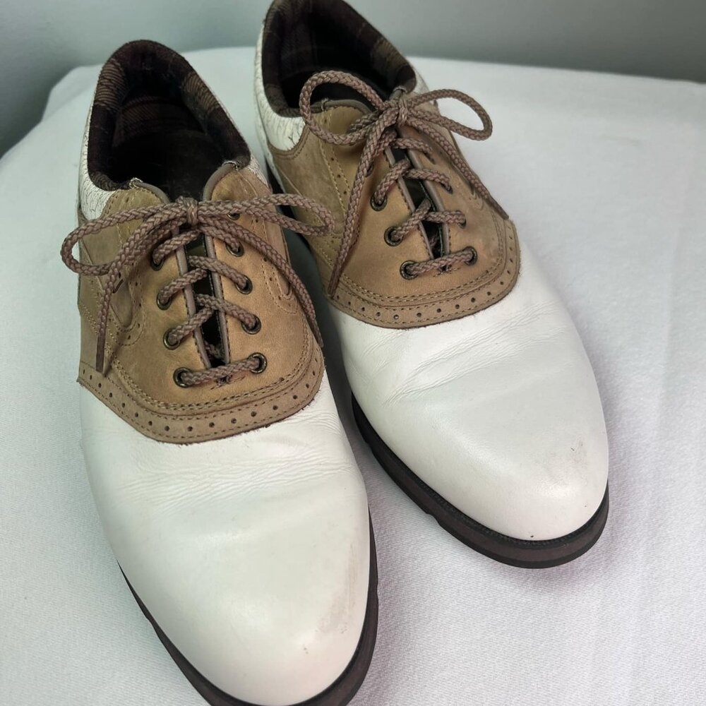 Footjoy Softjoys Terrains 98308 Womens Saddle Golf Shoes Size 8.5 M White & Tan